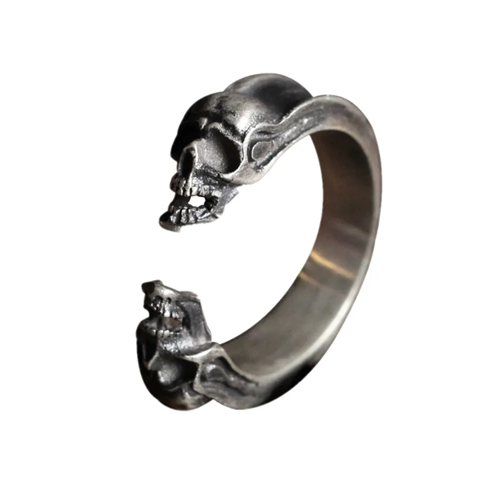 Skull Whisperer Double Skull Gothic Ring — S925 Sterling Silver, 5.5mm, Open Resizable, 7g