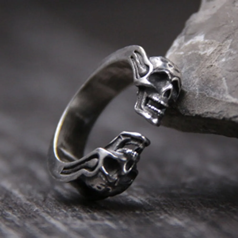 Skull Whisperer Double Skull Gothic Ring — S925 Sterling Silver, 5.5mm, Open Resizable, 7g